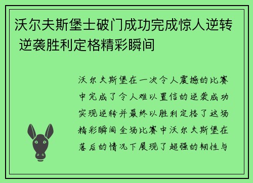 沃尔夫斯堡士破门成功完成惊人逆转 逆袭胜利定格精彩瞬间
