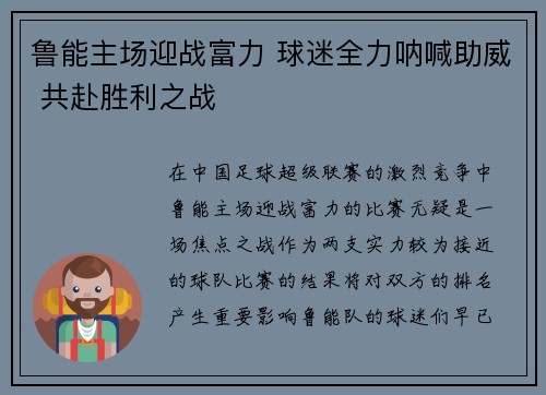 鲁能主场迎战富力 球迷全力呐喊助威 共赴胜利之战
