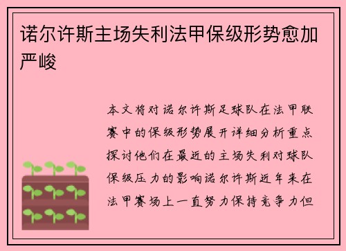 诺尔许斯主场失利法甲保级形势愈加严峻