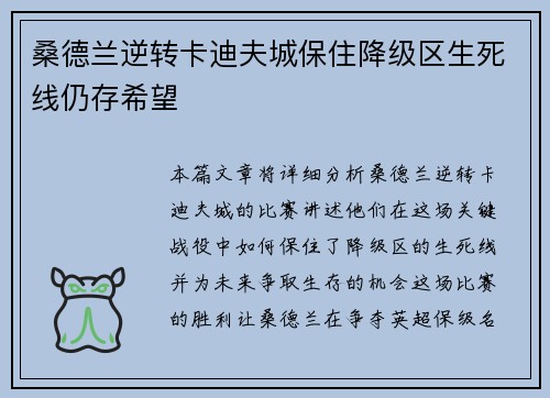 桑德兰逆转卡迪夫城保住降级区生死线仍存希望
