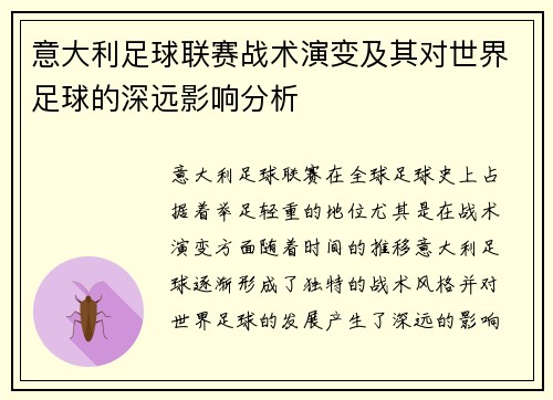 意大利足球联赛战术演变及其对世界足球的深远影响分析