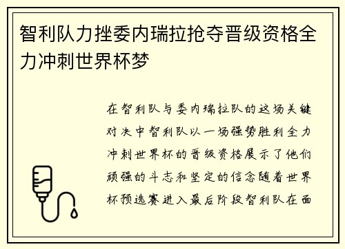 智利队力挫委内瑞拉抢夺晋级资格全力冲刺世界杯梦
