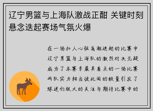 辽宁男篮与上海队激战正酣 关键时刻悬念迭起赛场气氛火爆