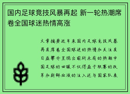 国内足球竞技风暴再起 新一轮热潮席卷全国球迷热情高涨