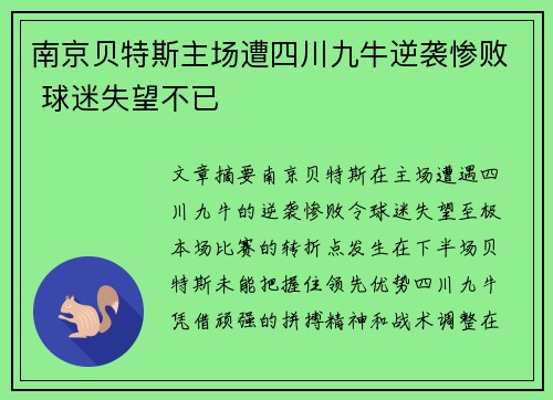 南京贝特斯主场遭四川九牛逆袭惨败 球迷失望不已