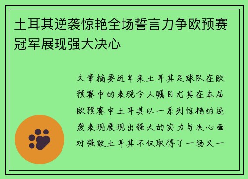 土耳其逆袭惊艳全场誓言力争欧预赛冠军展现强大决心