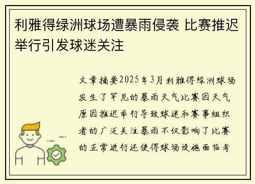 利雅得绿洲球场遭暴雨侵袭 比赛推迟举行引发球迷关注