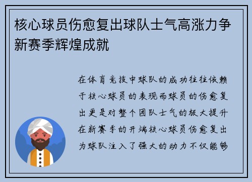 核心球员伤愈复出球队士气高涨力争新赛季辉煌成就