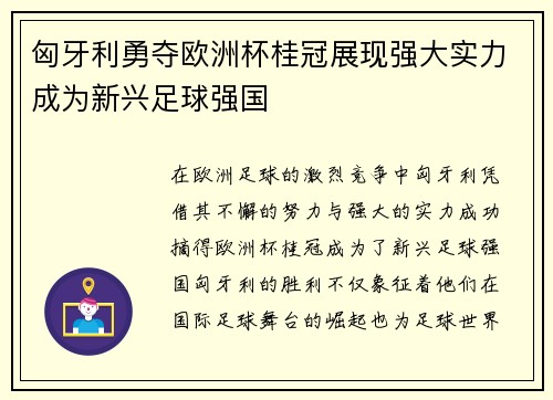 匈牙利勇夺欧洲杯桂冠展现强大实力成为新兴足球强国